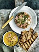 Ham terrine, pumpkin soup and grilled bread