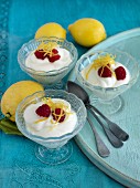 Refreshing lemon cream with raspberries and lemon zest
