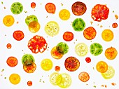 Various different coloured, back-lit tomato slices