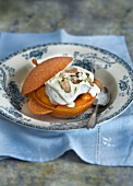 Apricot dessert with vanilla ice cream and nuts