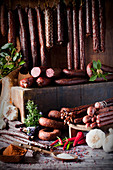 An arrangement of various game sausages, spices and herbs