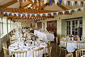 Pub conservatory decorated for wedding reception in West Yorkshire, England