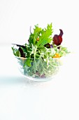 A mixed leaf salad in a glass bowl