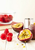 Ingredients for passion fruit and raspberry martinis