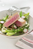Tuna fish steak on a vegetables salad with radishes and dill