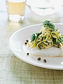 Cod fillet with spaghetti, dill and capers