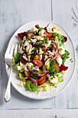 Salad with plums, mozzarella, red onions and balsamic dressing