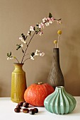 Autumnal still-life arrangement of vases, sprig of flowers, Hokkaido pumpkin and chestnuts