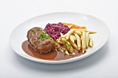 Beef roulade with potato orzo pasta and red cabbage