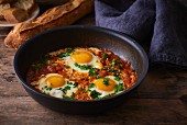 Fried eggs with tomatoes, peppers and onions