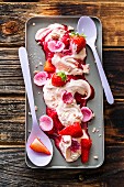 Strawberry Eton Mess with strawberry sorbet and candied rose petals