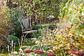 Ein verschnörkelter Metallstuhl im Herbstgarten