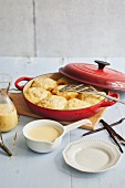 Dampfnudeln (steamed, sweet yeast dumplings) with vanilla sacue and ingredients