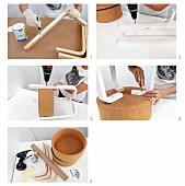 Instructions for making a side table from cork bowls and wooden frame