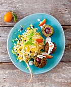 Falafel filled with grapes served with rice