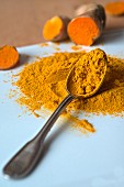 Ground turmeric on a silver spoon