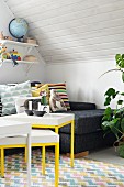 Splashes of colour and graphic patterns in living room