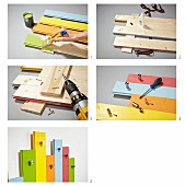 Instructions for making children's coat rack from wooden boards painted in bright colours