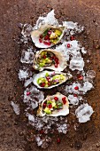 Fresh oysters with avocado and pomegranate seeds