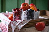 An aluminium bowl of red apples and glasses of blackberries and lingonberries on an old white wooden chair against the green wooden walled
