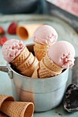 Strawberry ice cream in cones