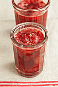 Jars of homemade strawberry jam