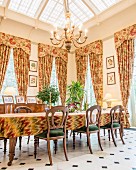 Floral curtains in classic dining room