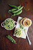 Pea guacamole with linseed, lemon zest and flatbread