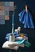 Blue and white bathroom accessories