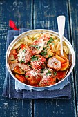 Turkey meatballs with olives in tomato sauce with courgette and pasta