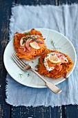Carrot fritters with smoked salmon, sour cream and red onions
