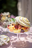 Fruit salad topped with meringue on a garden table