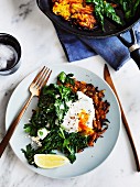 Pumpkin rösti with poached egg and mint salad with feta and avocado