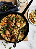 Rice pan with pumpkin and quail