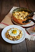 Fettuccini with wild mushrooms and fried egg