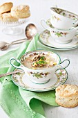 Sweetcorn soup with oysters served with garlic and rosemary biscuits