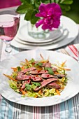Oriental beef salad with chilli, limes and coriander on a table outside