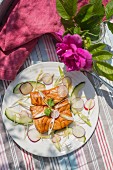 Grilled teriyaki salmon with cucumber, spring onions and radishes