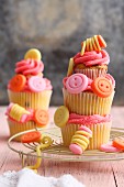 A stacking of sewing-themed cupcakes
