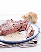 Grilled pork collar steak with a mushroom filling and sherry sauce