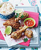 Spicy-coated chicken legs with coleslaw
