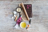 Ingredients and baking utensils for macaroons