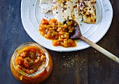 Pepper and apricot relish with fried chicken breast