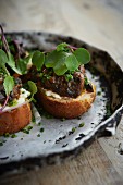 Bruschetta topped with aubergine tapenade and cress