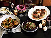 Hühnchen Agrodolce, Lachs mit Nusskruste und Grünkernsalat mit Garanatpfel-Dressing