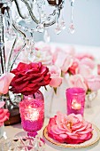 Table decoration for wedding in pink tones