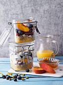 Peach and blueberry muesli with bulgur in jars