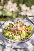 Blattsalat mit Hähnchen, roten Zwiebeln und Croûtons