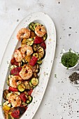 Grilled antipasti salad with fried prawns