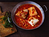 Mediterranean fish and mussel ragout with a tomato and olive sauce